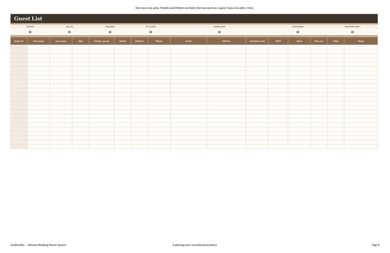 Guest List sheet from the wedding planner, with columns for each party and their reply.