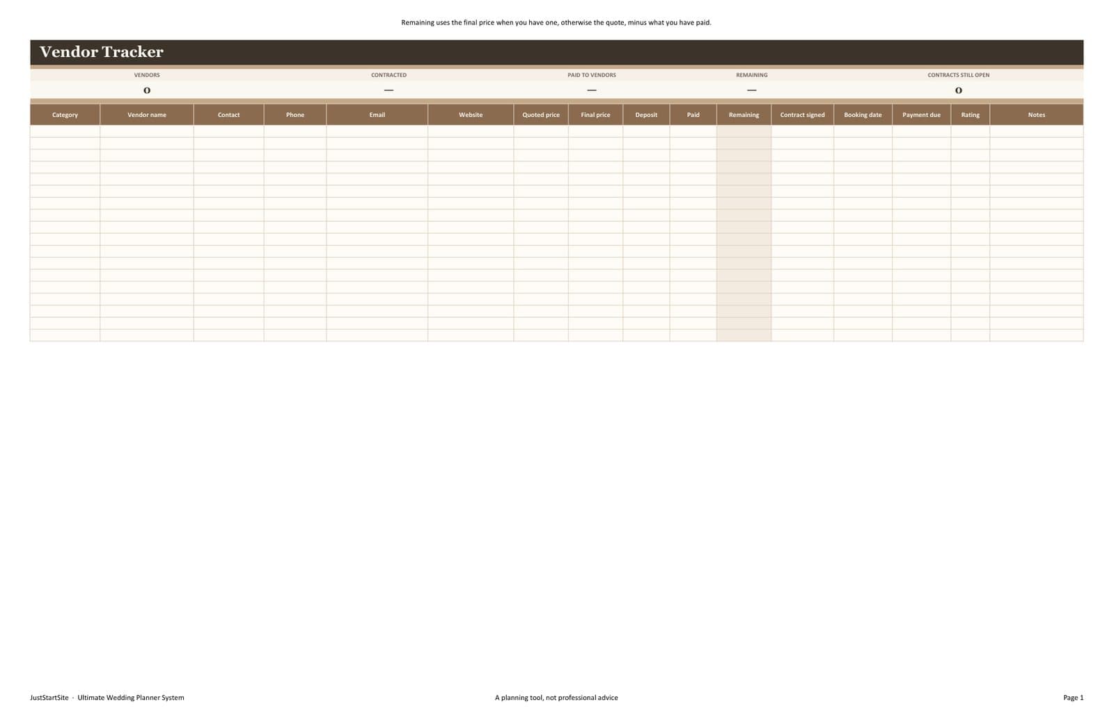Vendor Tracker sheet from the wedding planner, empty of vendor names until you add them.